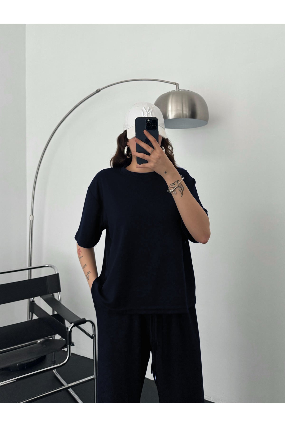 Kadın Modal Penye Yüksek Bel Oversize Alt Üst Takım - Lacivert - 4