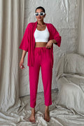 Kadın Dökümlü Bürümcük Yazlık Palazzo Kimono Takım - Pembe - 1