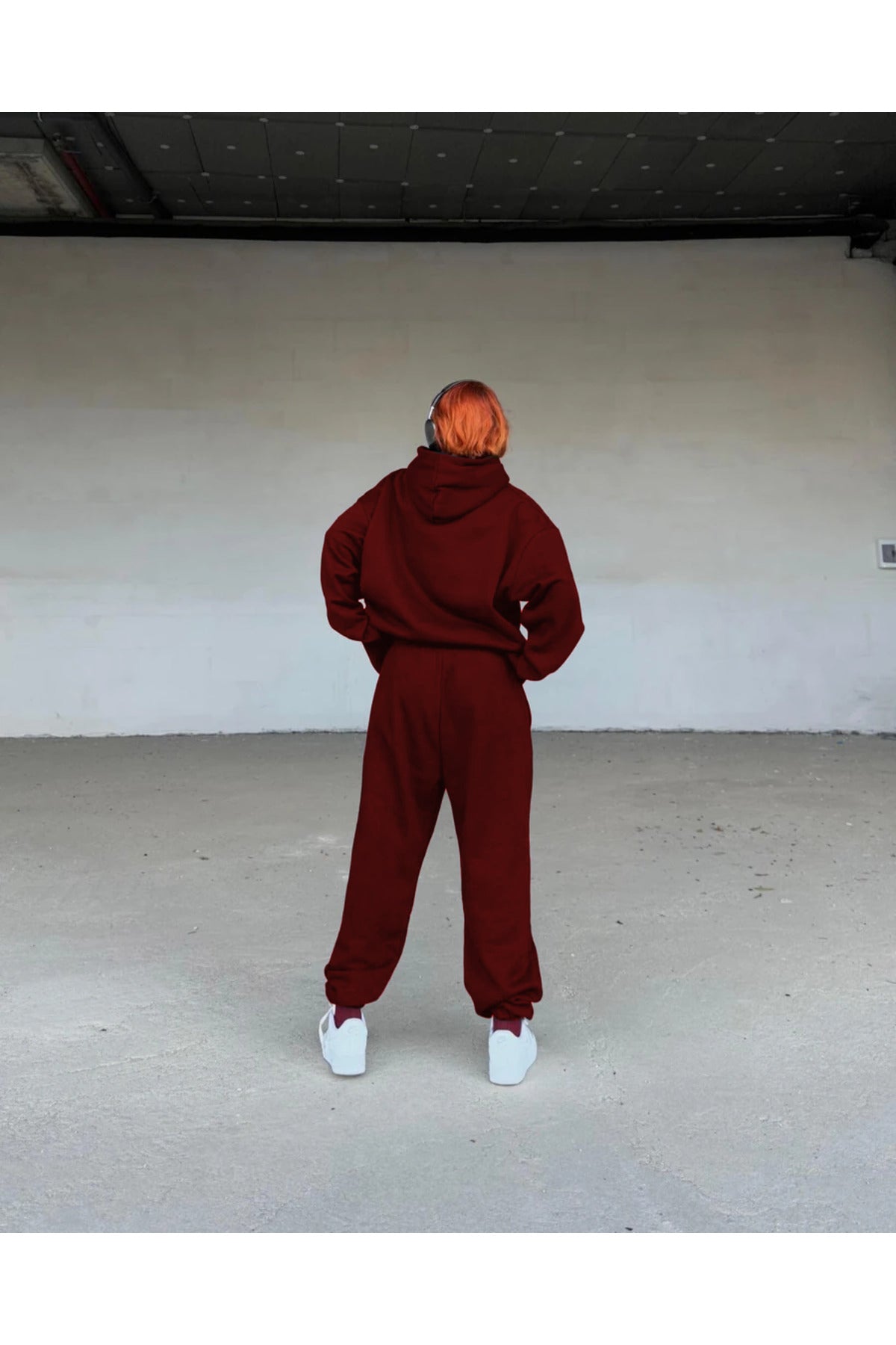 Kadın Oversize Spor Ve Günlük Jogger Paçası Lastikli Eşofman Takımı - Bordo - 2