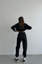 Kadın Oversize Geniş Kalıp Basic Pamuklu Eşofman Takıım - Siyah - 2