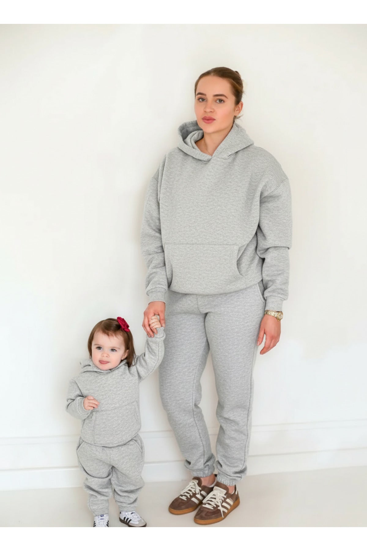 Unisex 3 İ̇pli̇k Şardonlu Oversi̇ze Anne Çocuk Ai̇le Eşofman Takimi - Gri Melanj - 1