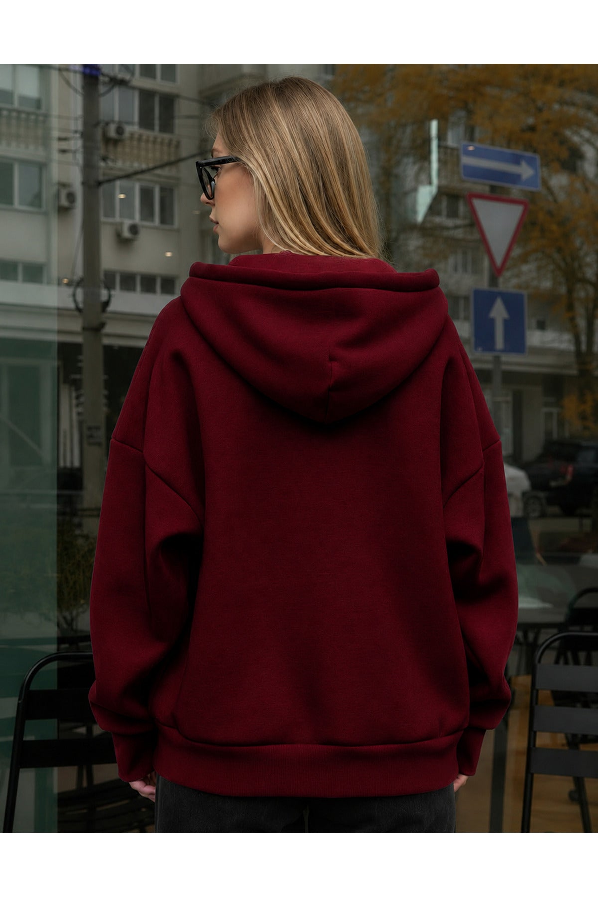 Kadin Oversi̇ze Kapüşonlu Fermuarli Hirka Sweatshirt - Bordo - 3