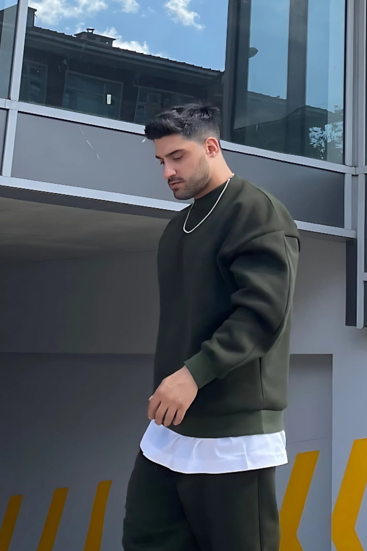 Erkek Oversize 3 İ̇plik İ̇çi Pamuklu Uzun Kollu Bisiklet Yaka Kazak - Haki - 2