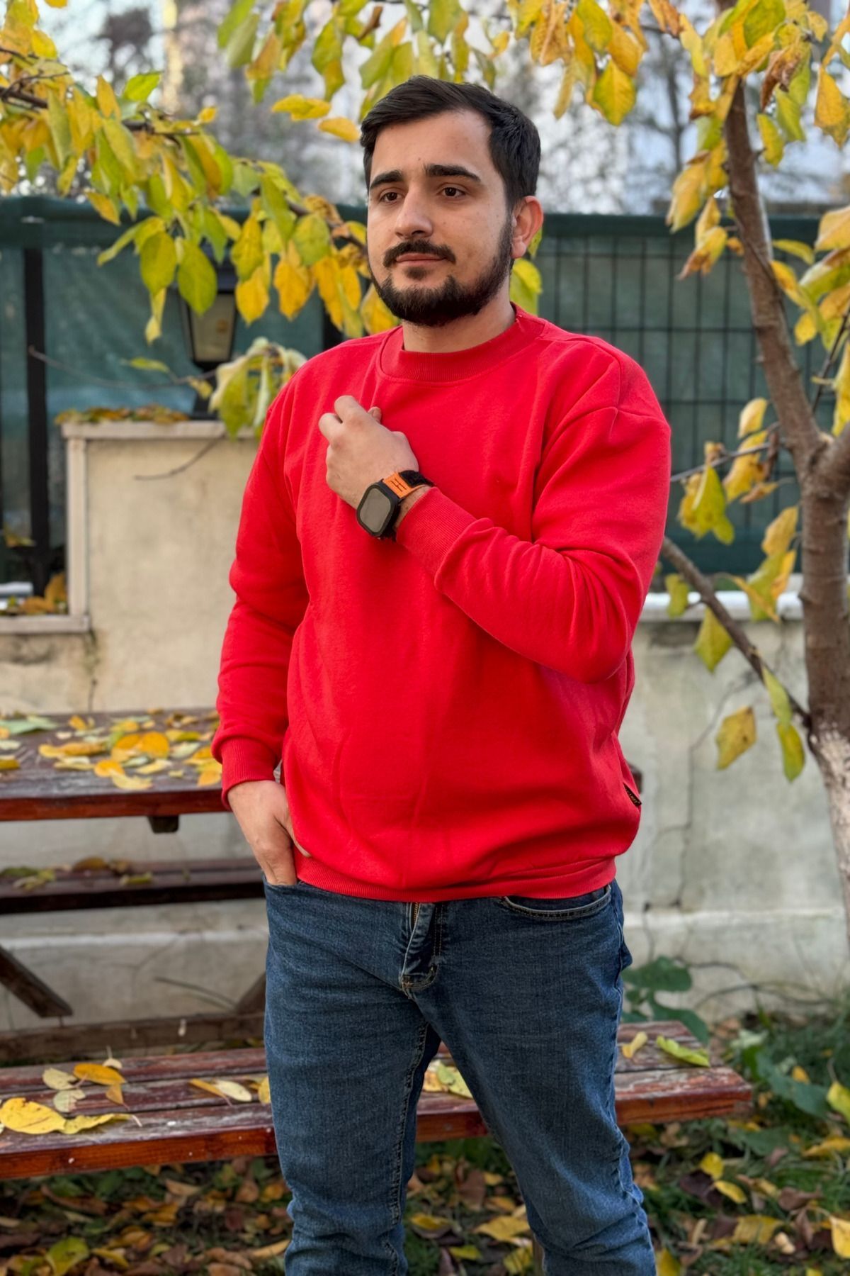 Erkek Kırmızı Bisiklet Yaka İçi Polarlı 3 İplik Pamuklu Regular Fit Unisex Sweatshirt - Kırmızı - 1