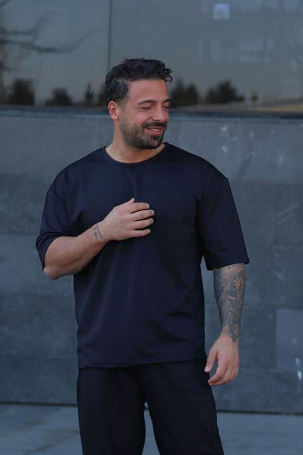 Erkek Oversize Pamuklu Nefes Alan T-shirt - ANTRASİT - 3