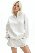 Kadın Yarım Fermuar Dik Yaka Uzun Kollu 3 İ̇plik Sweatshirt - Beyaz - 1