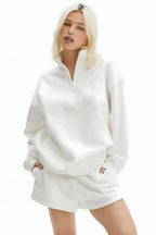 Kadın Yarım Fermuar Dik Yaka Uzun Kollu 3 İ̇plik Sweatshirt - Beyaz - 1