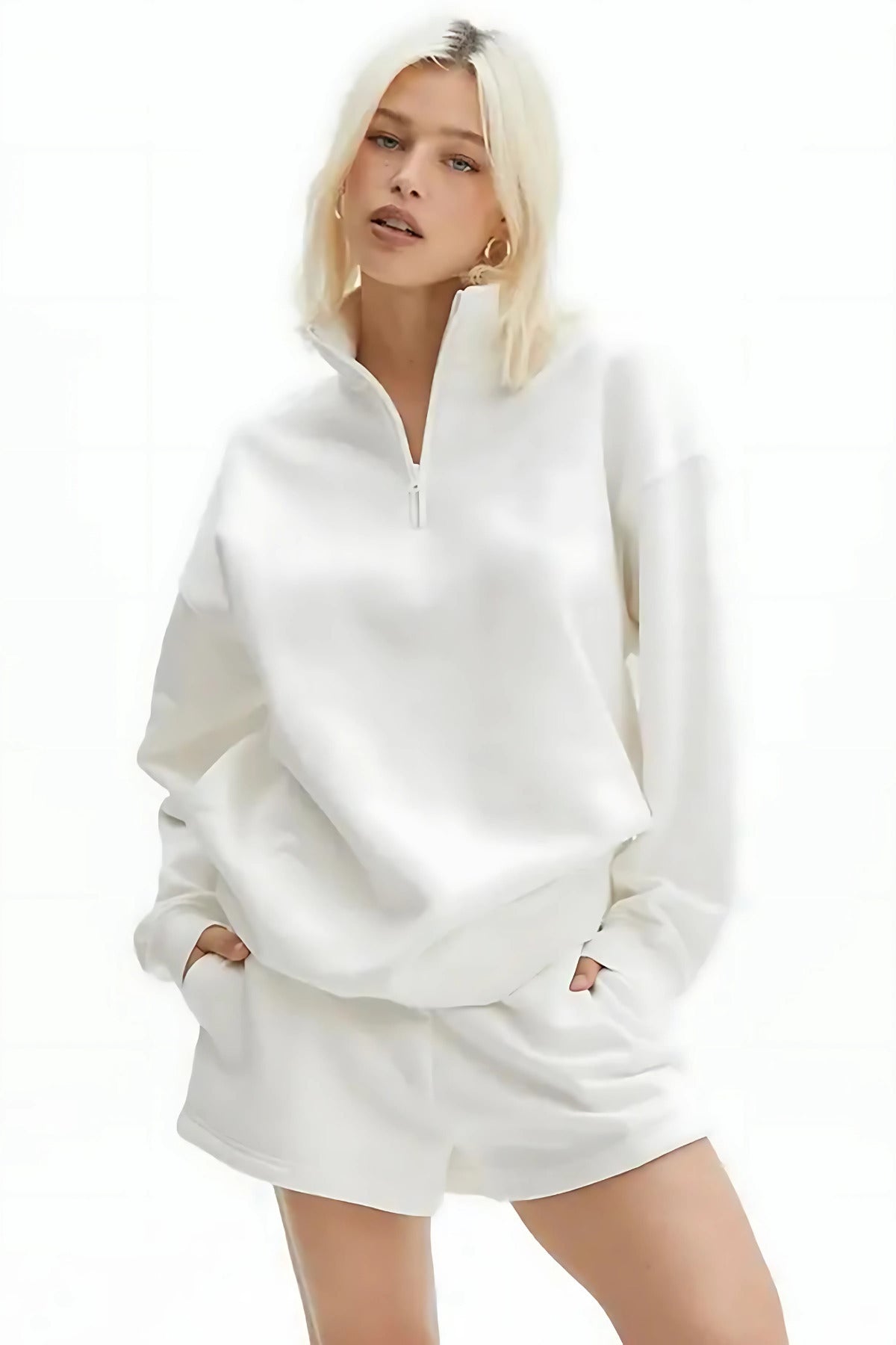 Kadın Yarım Fermuar Dik Yaka Uzun Kollu 3 İ̇plik Sweatshirt - Beyaz - 1