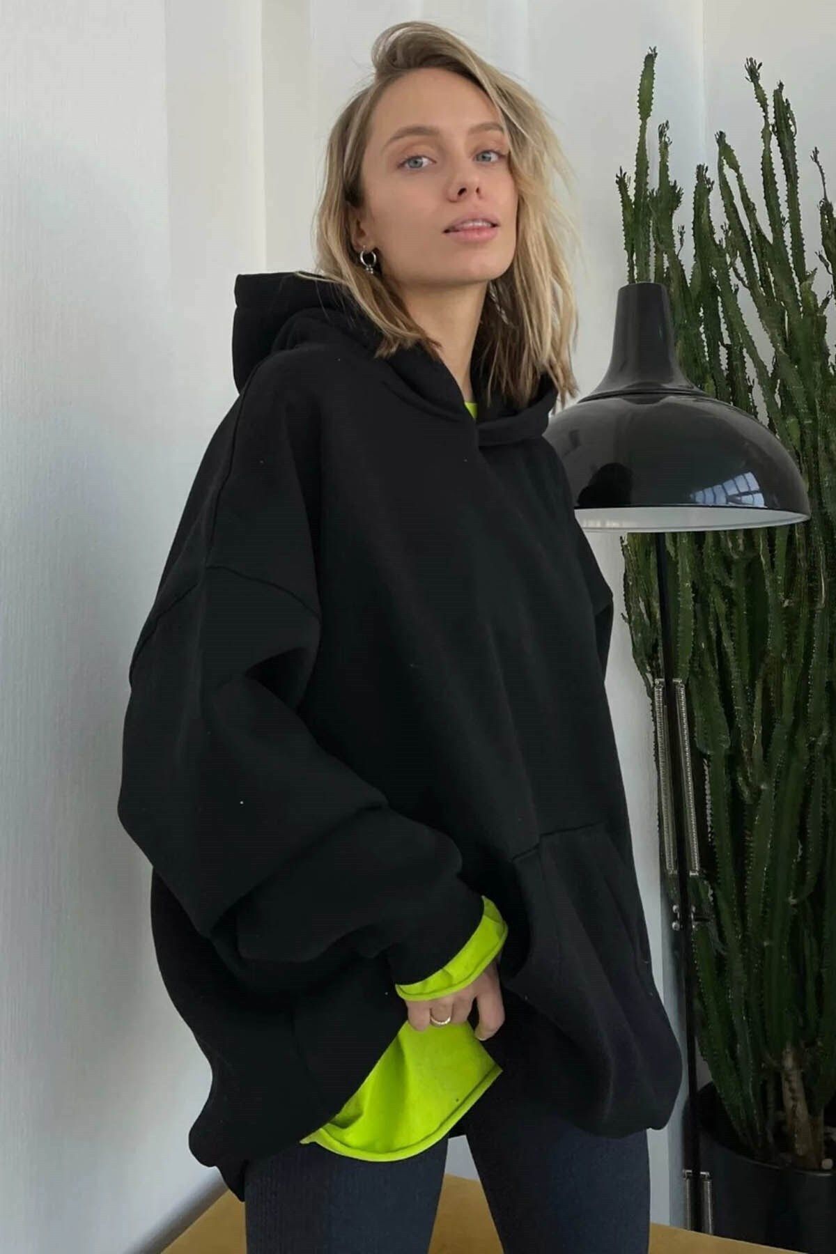 Kadın Siyah Kapüşonlu Şardonlu Oversize Hoodie Sweatshirt Ob - Siyah - 2