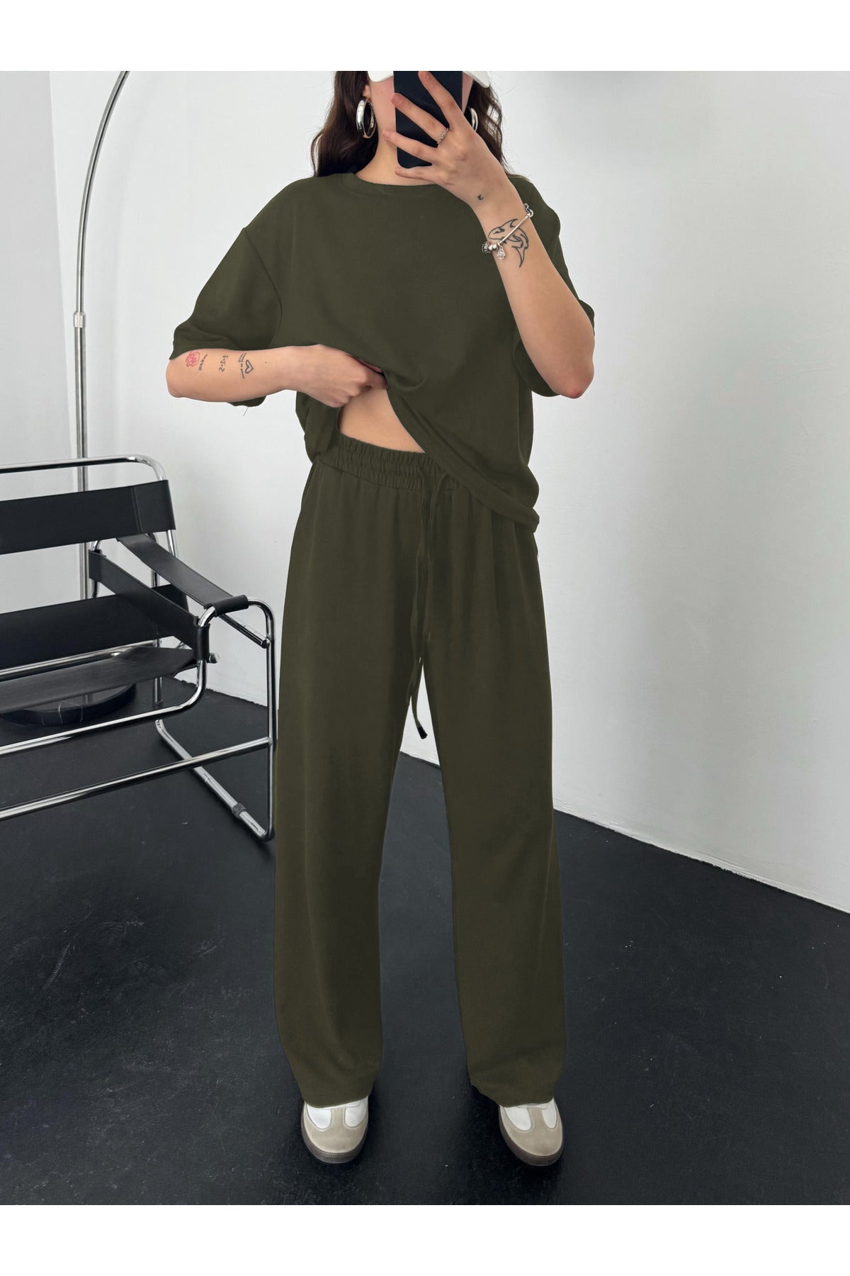 Kadın Modal Penye Yüksek Bel Oversize Alt Üst Takım - Yeşil - 2