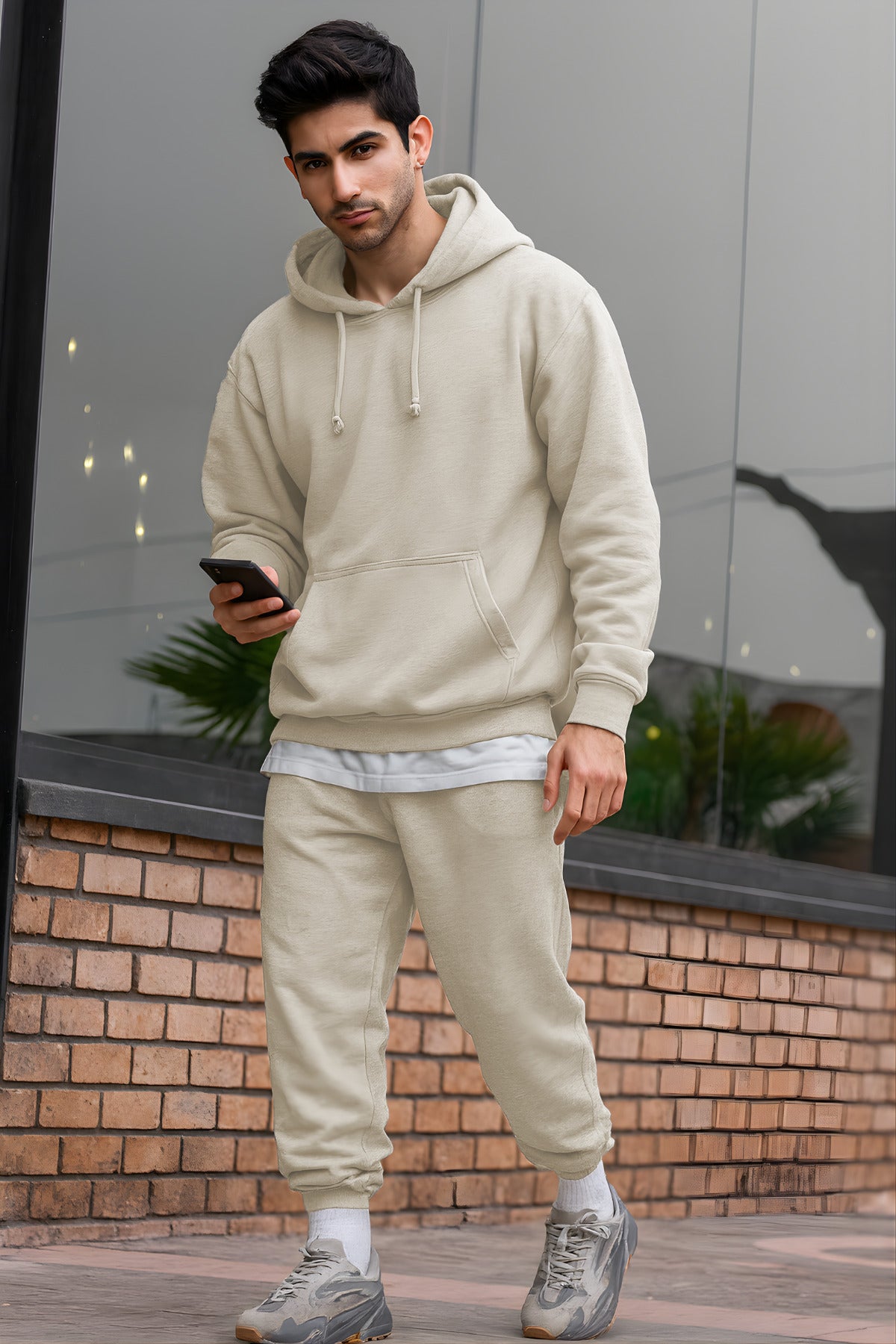 Erkek Oversize 3i̇pliki Şardonlu Basic Eşofman Takımı - Bej - 2