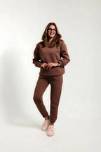 Sweatshirt Jogger Beli Ve Paçası Lastikli Kadın 3 İplik Eşofman Takımı Pamuklu - Kahverengi - 6