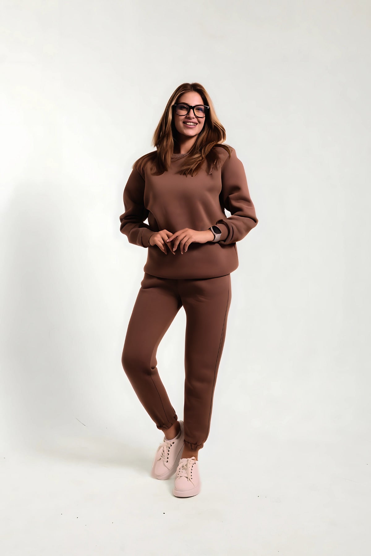 Sweatshirt Jogger Beli Ve Paçası Lastikli Kadın 3 İplik Eşofman Takımı Pamuklu - Kahverengi - 6