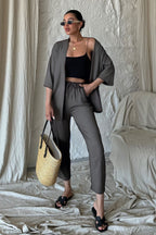 Kadın Dökümlü Bürümcük Yazlık Palazzo Kimono Takım - Füme - 2