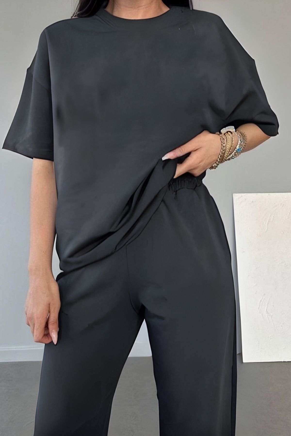 Kadın Kısa Kollu Pijama Takımı Bisiklet Yaka Salaş Tok Kumaş - Füme - 2