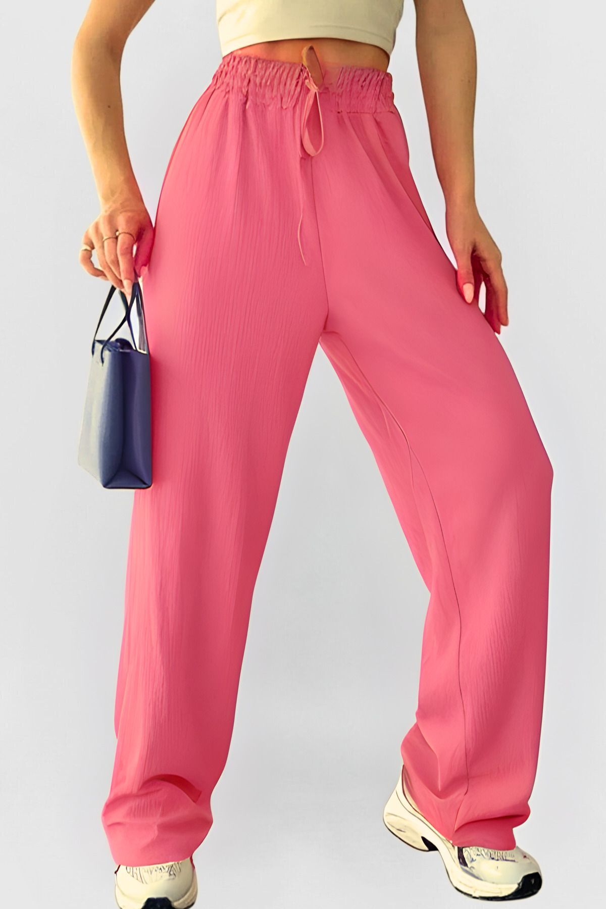 Kadın Beli Lastikli Yazlık Dokulu Bürümcük Palazzo Pantolon - PEMBE T - 1