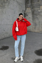 Kadin Kirmizi 3 İ̇pli̇k Oversi̇ze Rahat Günlük Yumuşak Kapüşonlu Sweatshirt - Kırmızı - 3