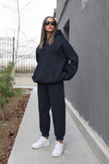 Kadın Oversize Spor Kapşonlu Günlük Jogger Paçası Lastikli Eşofman Takımı - Füme - 1