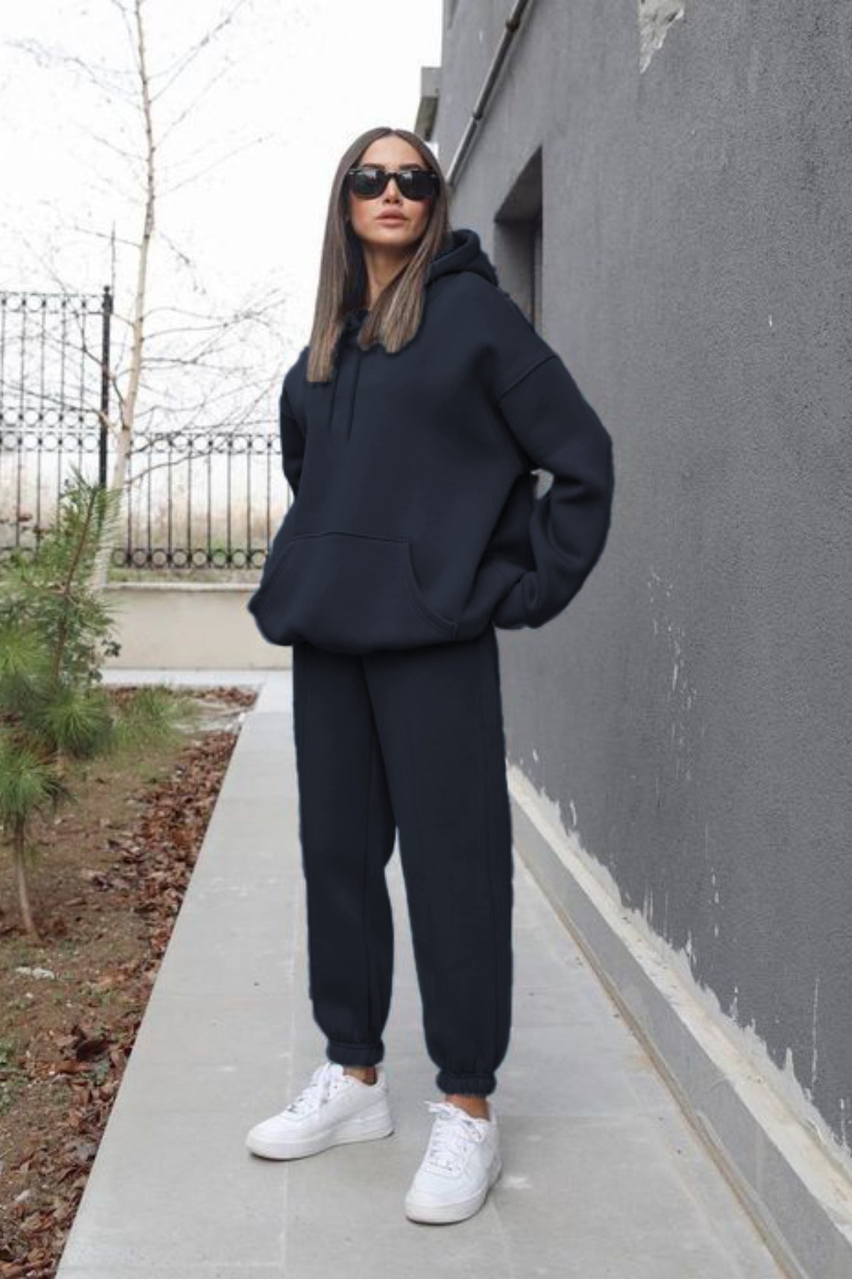 Kadın Oversize Spor Kapşonlu Günlük Jogger Paçası Lastikli Eşofman Takımı - Füme - 1