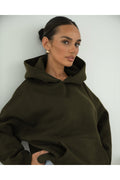 Basic Baskısız Düz Okul Sweatshirt - Haki - 1