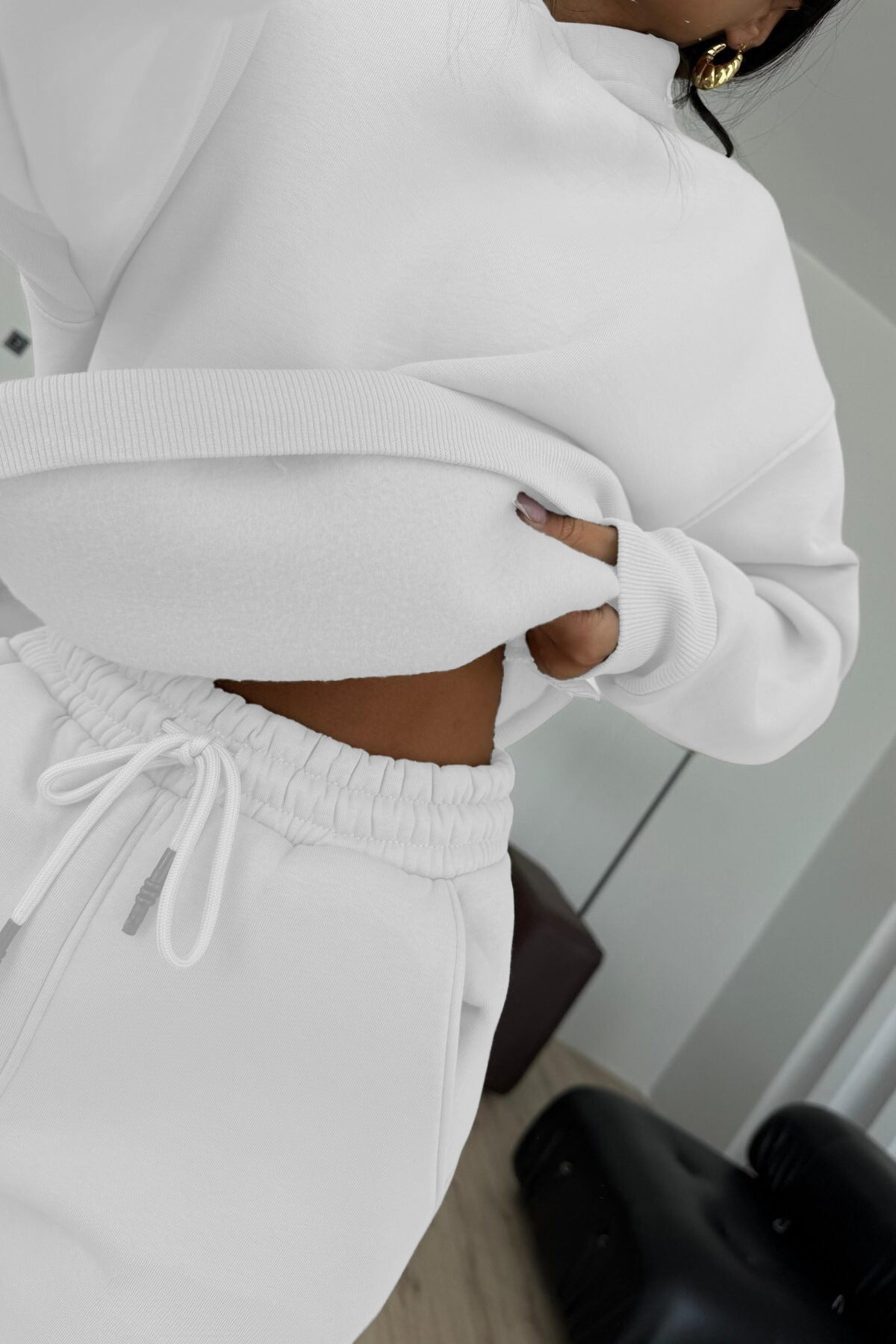 Kadın Boyfriend 3 İplik Şardonlu Bol Paça Oversize Casual Takım - Beyaz - 3