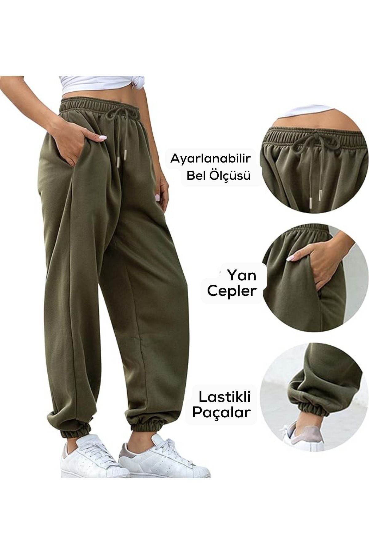 Kadın Haki Kalın İ̇çi Polarlı Basic Jogger Örme Eşofman Altı - Haki - 4