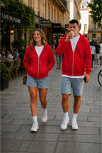 Unisex Kapüşonlu Oversize Full Fermuarli Rahat Kesi̇m Mevsi̇mli̇k Yeni̇ Sezon Günlük Hirka - Kırmızı - 2
