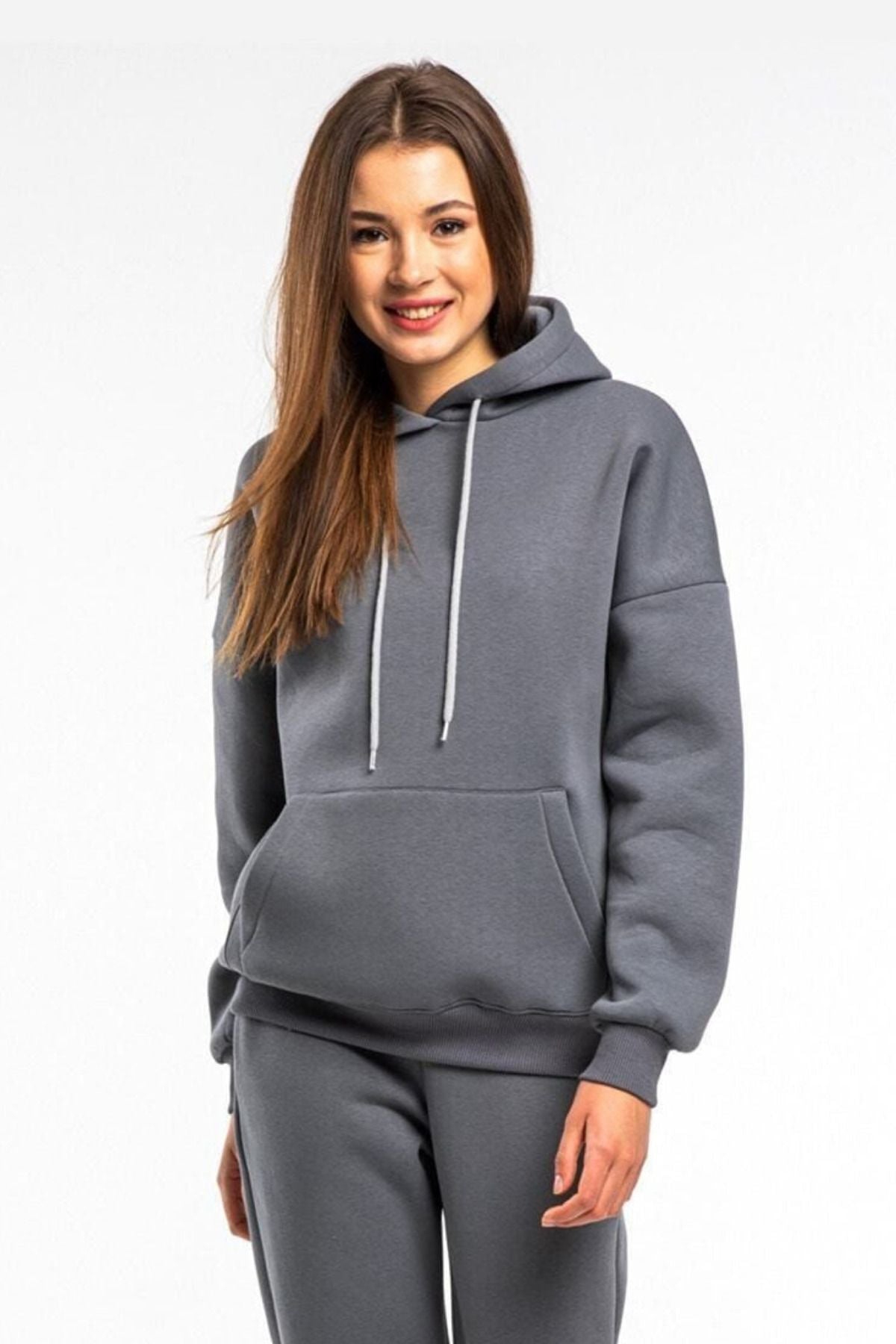 Basi̇c Oversi̇ze Sweatshi̇rt Hoodi̇e - Füme - 1