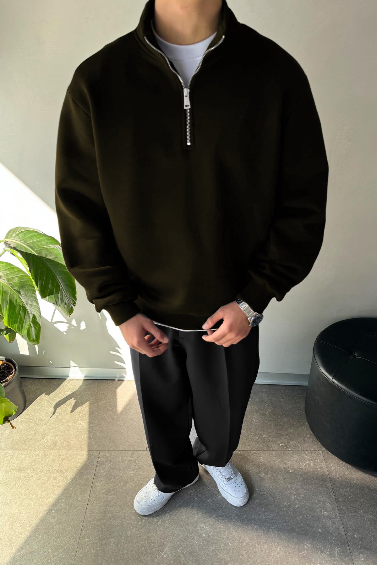 Erkek Yarım Fermuarlı Baskısız Düz Trend Model Sweatshırt Kazak - Haki - 3