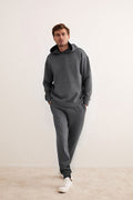 Erkek 3 İ̇plik Kapşonlu İ̇çi Pamuklu Bol Kesim Hoodie Kışlık Günlük Eşofman Takımı - Füme - 1