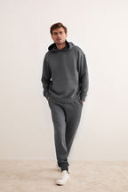 Erkek 3 İ̇plik Kapşonlu İ̇çi Pamuklu Bol Kesim Hoodie Kışlık Günlük Eşofman Takımı - Füme - 1