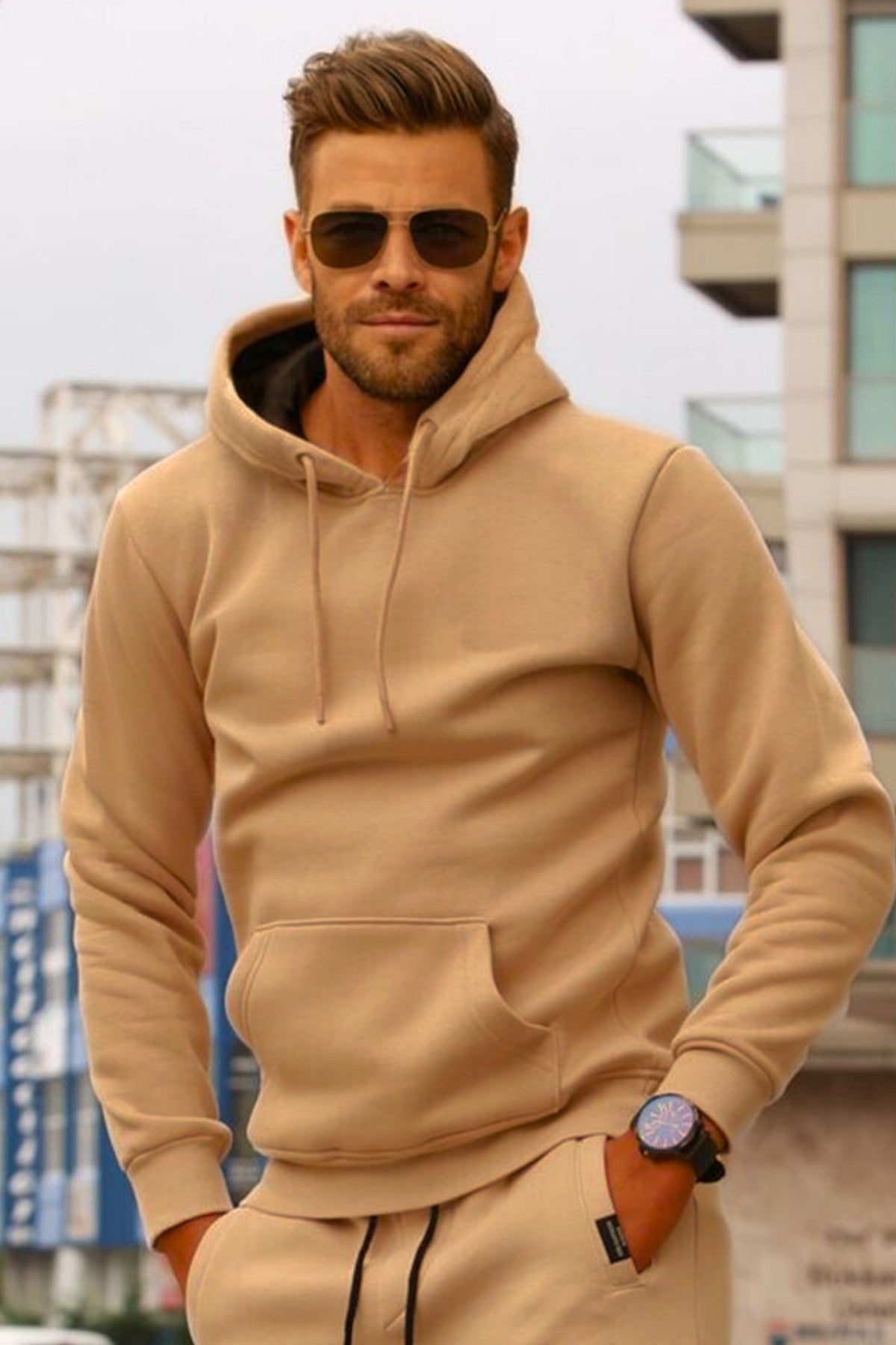 Erkek 3i̇plik Kapşonlu Mevsimlik Oversize Sweatshirt - Vizon - 1