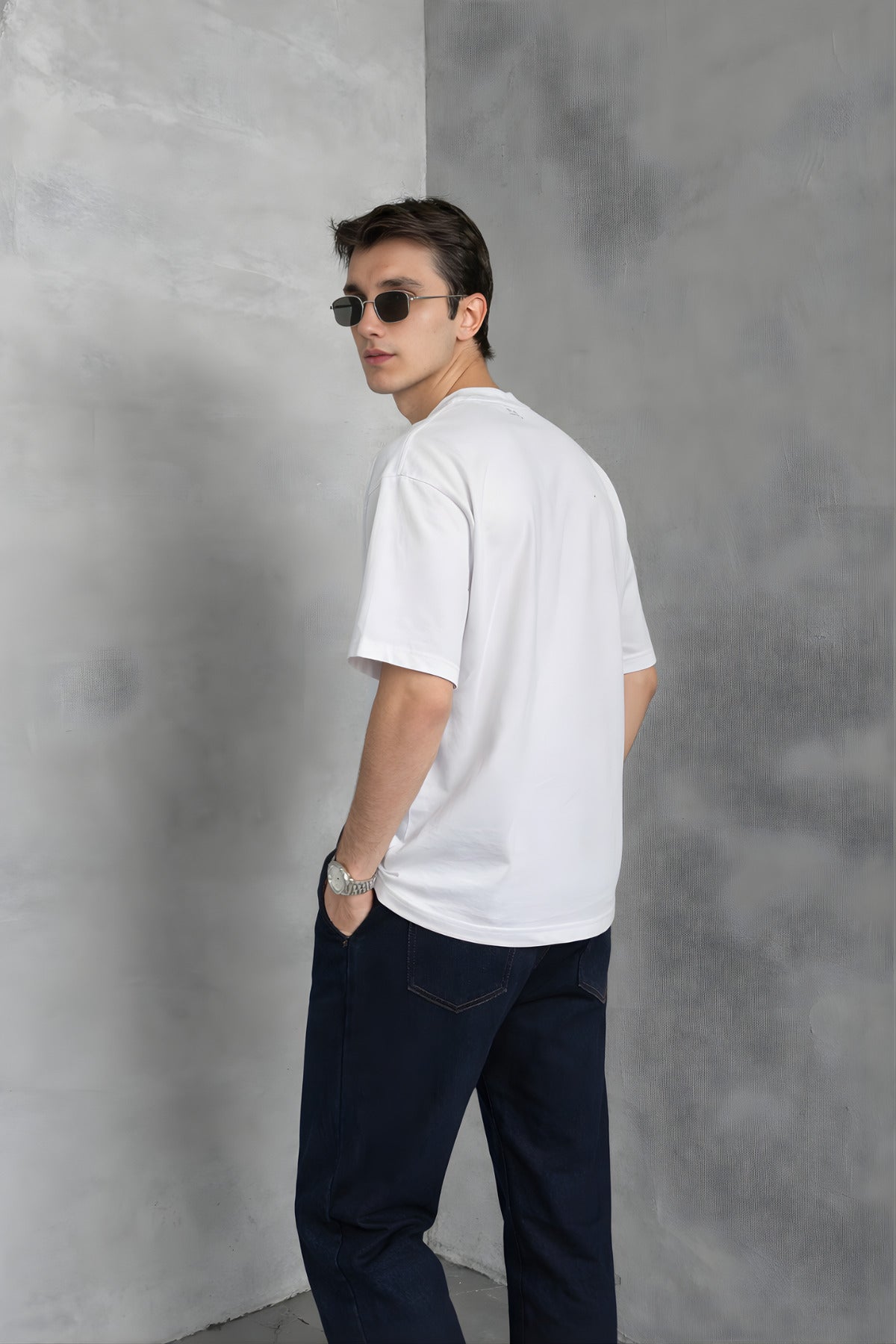 Erkek Siyah Basic Oversize Tişört Rahat Kalıp Düz Minimal Pamuklu Günlük T-shirt - Beyaz - 2