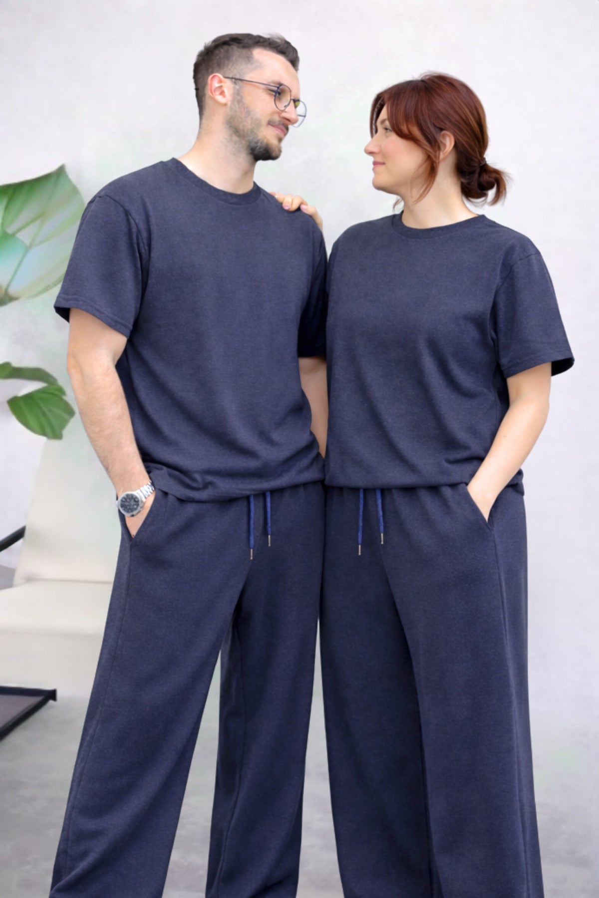 Çift Özel Erkek Kadın Kısa Kollu Eşofman Takımı (tekli) Beli İ̇plik Bol Paça - Füme - 2