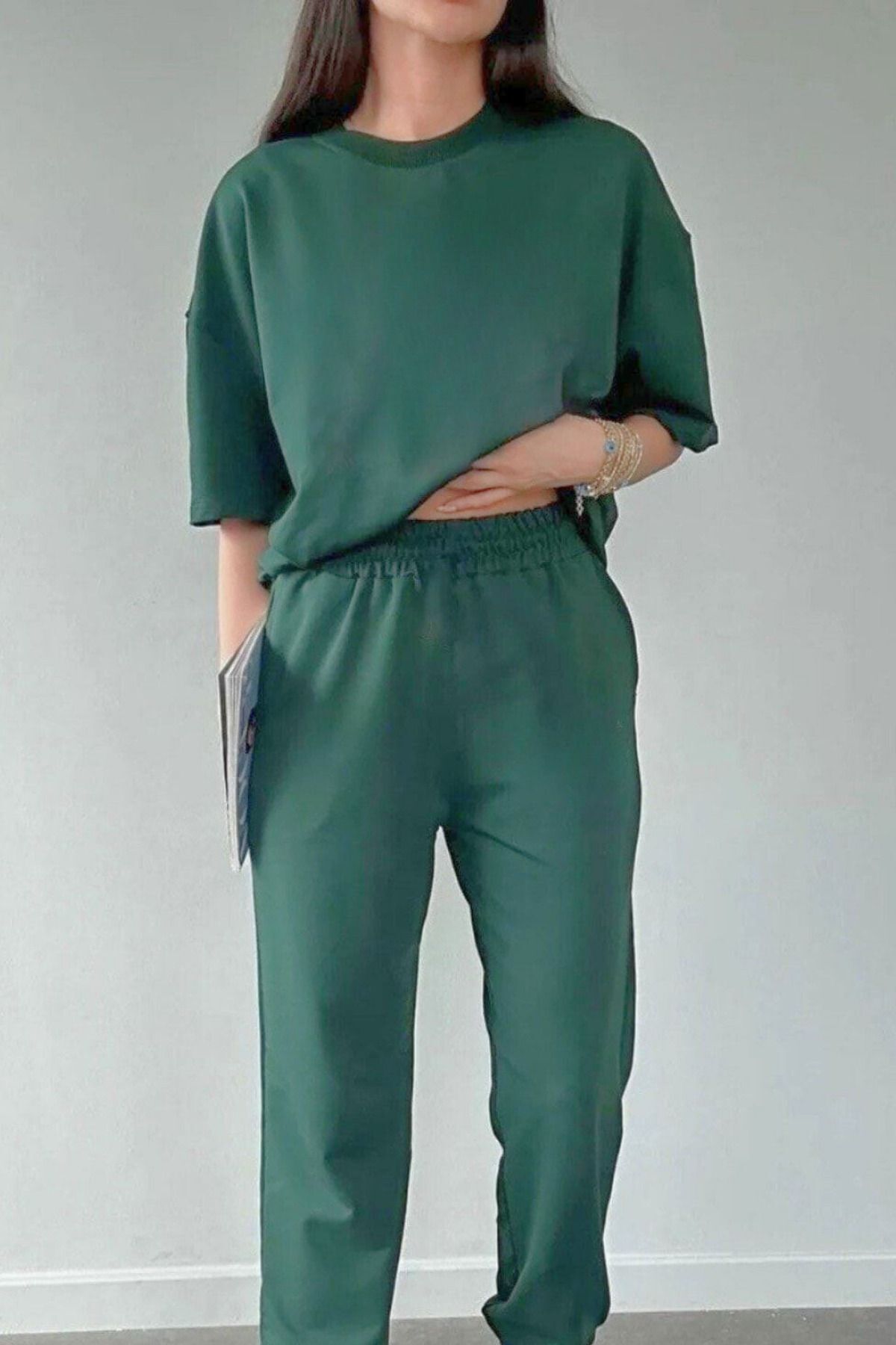 Kadın Penye Rahat Oversize Pijama Takımı - YEŞİL - 1