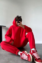 Kadın Oversize Trend Model Kanguru Cep Kapşonlu Sweatshirt Eşofman Takımı - Canlı Kırmızı - 4