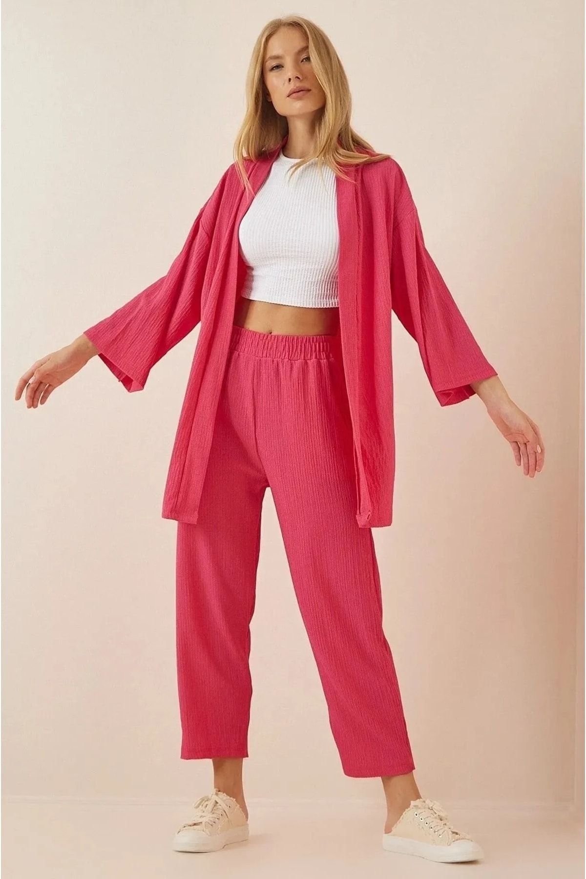 Kadın Pembe Bürümcük Kimono Alt Üst Takım - Pembe - 2