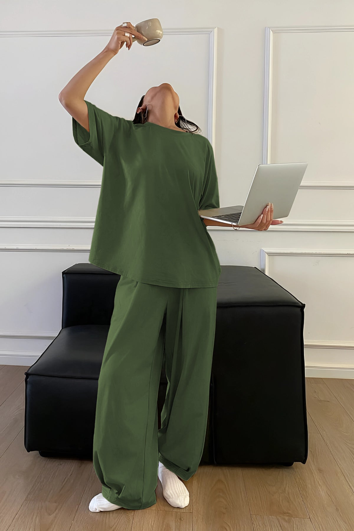 Kadın Bisiklet Yaka Yazlık Kısa Kollu Pijama Takımı - Yeşil - 4