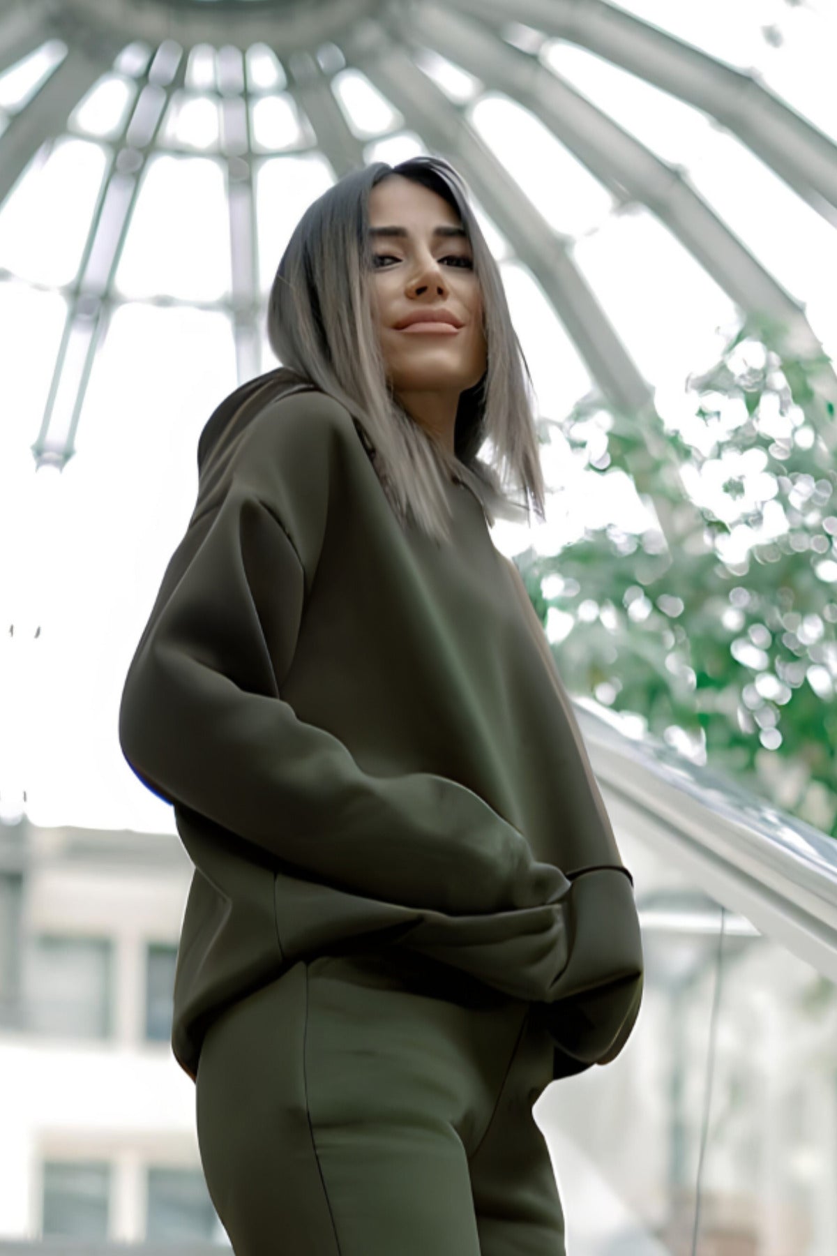 Kadın Pamuklu Bisiklet Yaka Sweatshirt - Haki - 3
