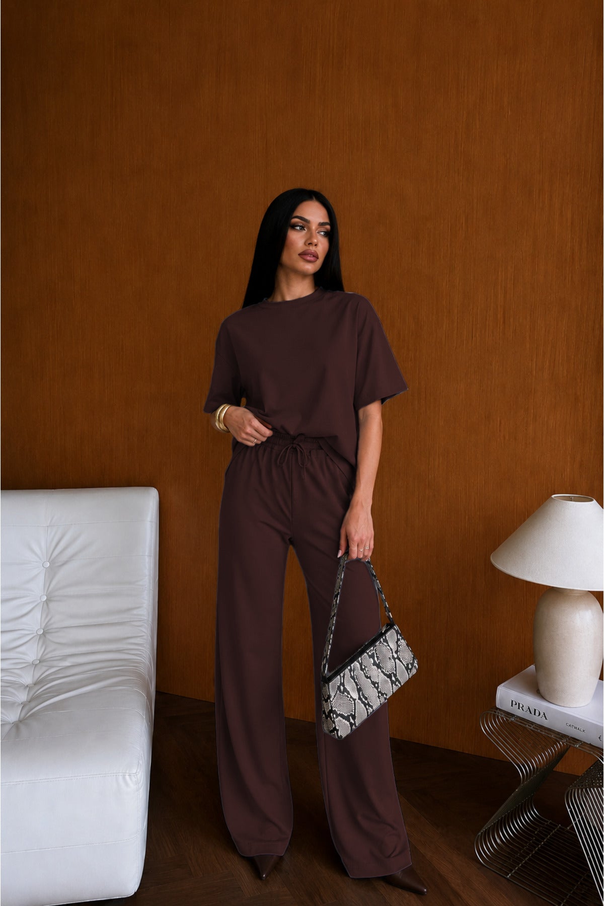 Kadın Basic Kısa Kolluşık Rahat Günlük Ve Modern Takım - Kahverengi - 3
