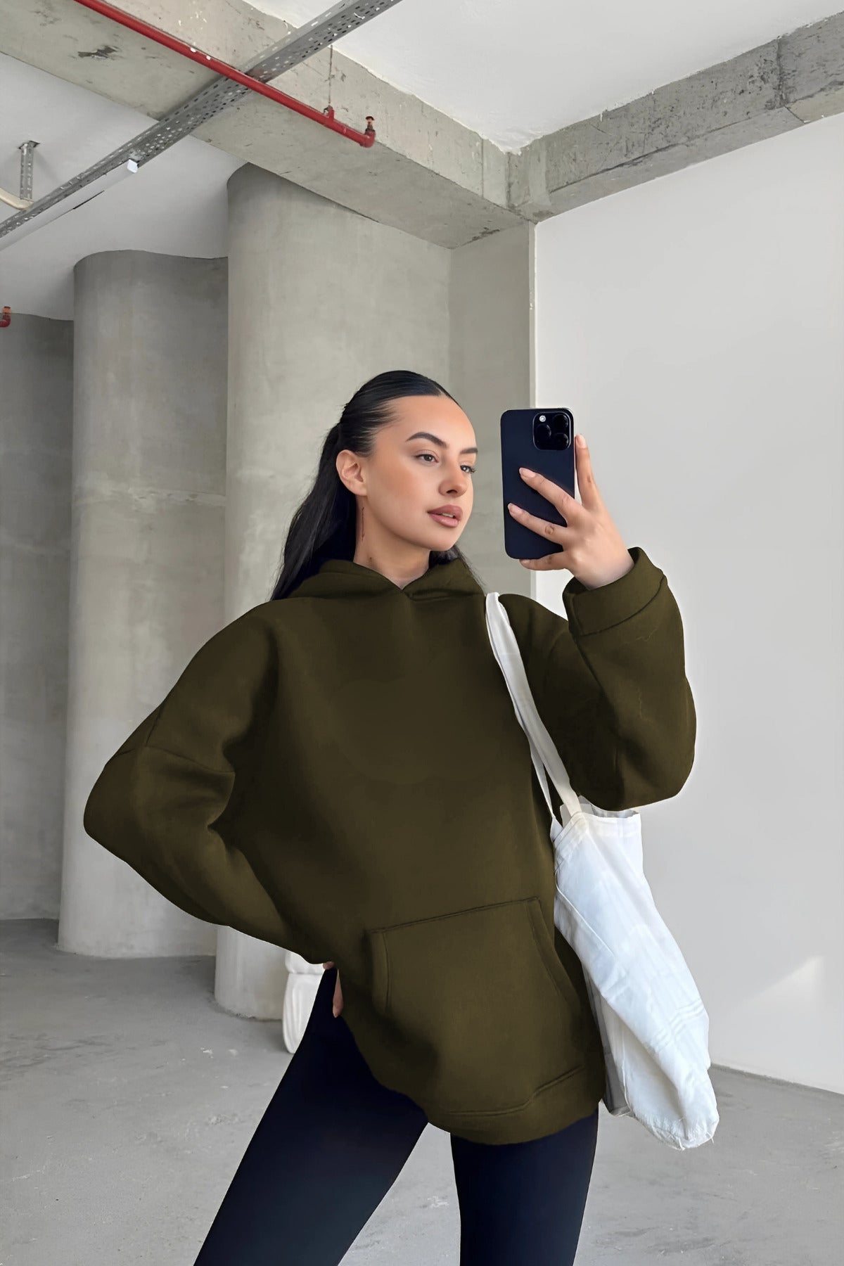 Kadın Kapşonlu Sweatshirt - Haki - 2