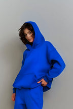 Kadın Rahat Kesim Oversize 3 İ̇plik Pamuklu Şardonlu Kanguru Cep Kapşonlu Hoodie Sweatshirt - Saks Mavisi - 2