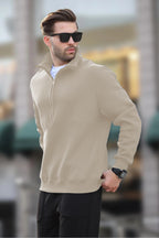 Erkek Yarım Fermuarlı Dik Yaka Oversize 3 İ̇plik Şardonlu Sweatshirt - Bej - 2
