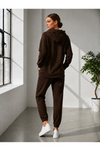 Kadin 3 İ̇pli̇ş Kapüşonlu Fermuarli Sweatshirt Hirka Yüksek Bel Jogger Eşofman Takimi - Kahverengi - 4