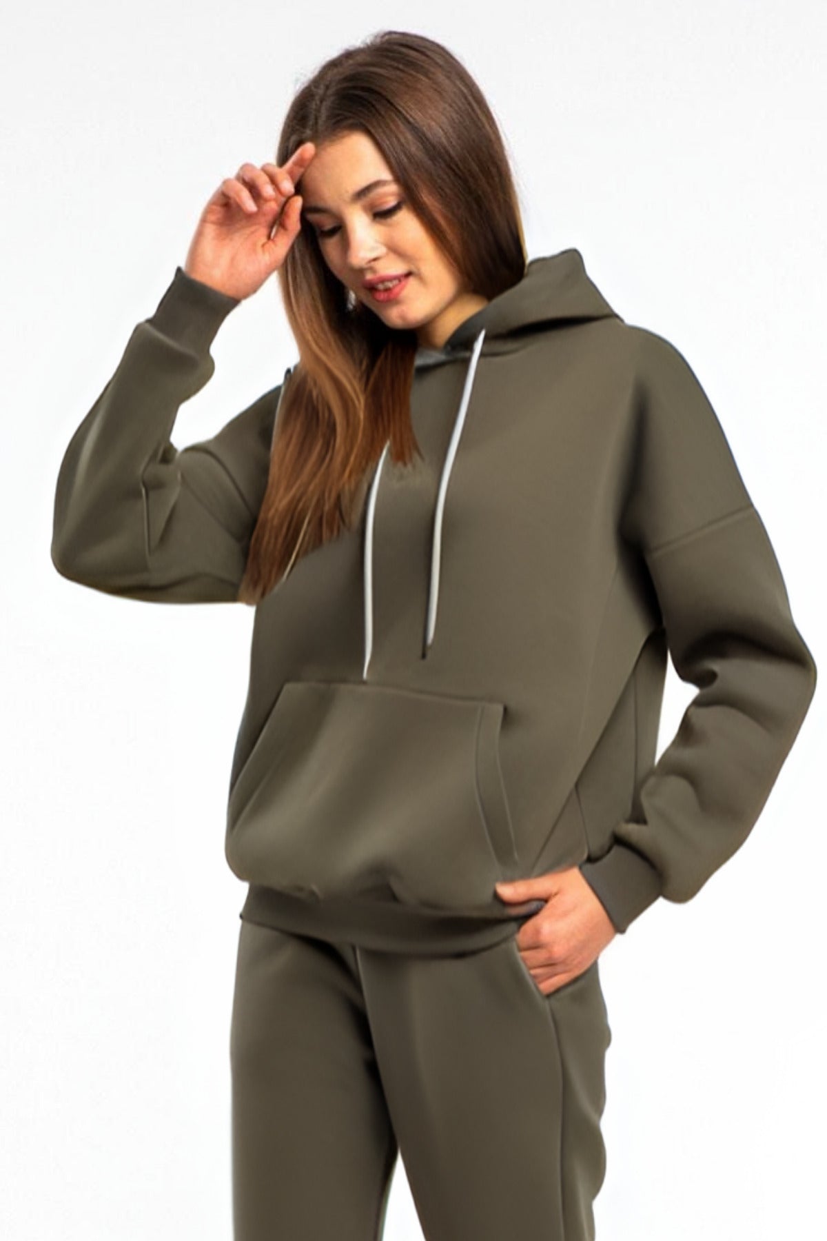 Kadın Rahat Kalıp Günlük Kapşonlu Sweatshirt - Haki - 2