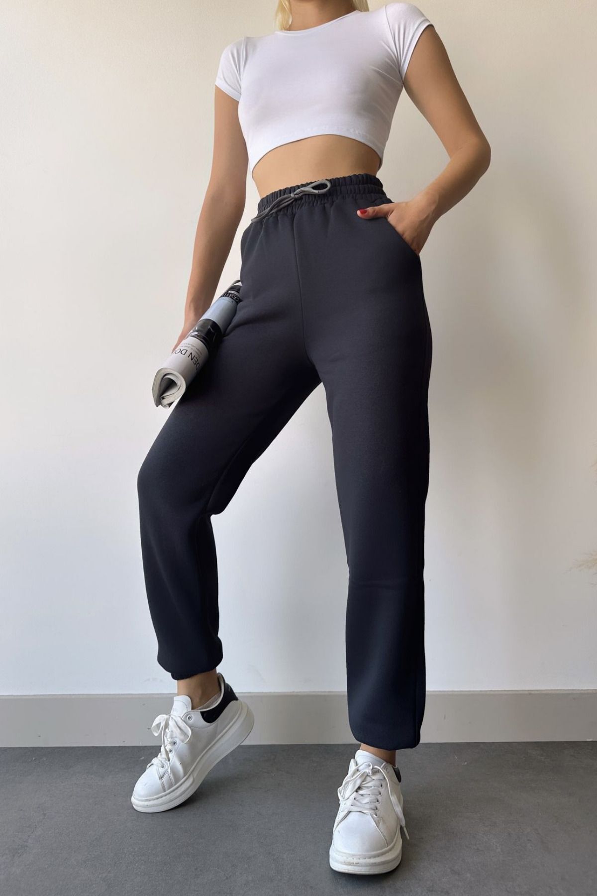 Kadın Füme Yüksek Bel Jogger Eşofman Altı Puf 3 İ̇plik Lastikli Bel - Füme - 2