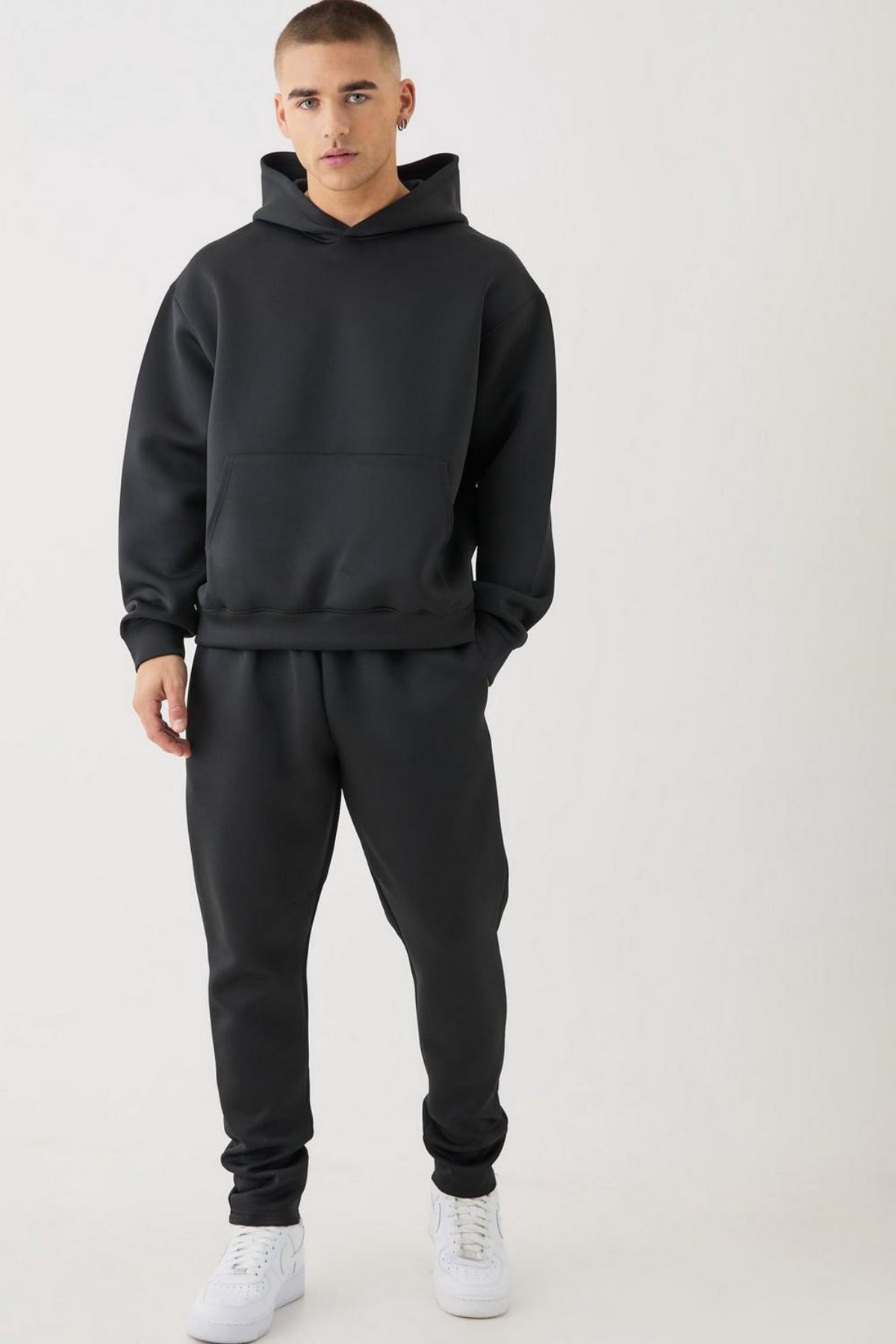 Erkek Kapüşonlu Kanguru Cep Oversize 3 İ̇plik İ̇çi Pamuklu Jogger Paça Eşofman Takımı - Siyah - 1