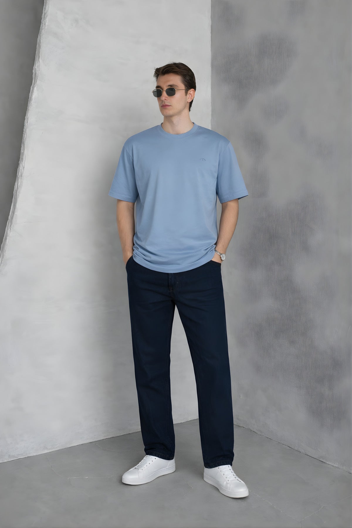 Erkek Siyah Basic Oversize Tişört Rahat Kalıp Düz Minimal Pamuklu Günlük T-shirt - Mavi - 1