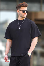 Erkek Oversize Penye Rahat Yazlık Kısa Kollu T-shirt - Siyah - 1