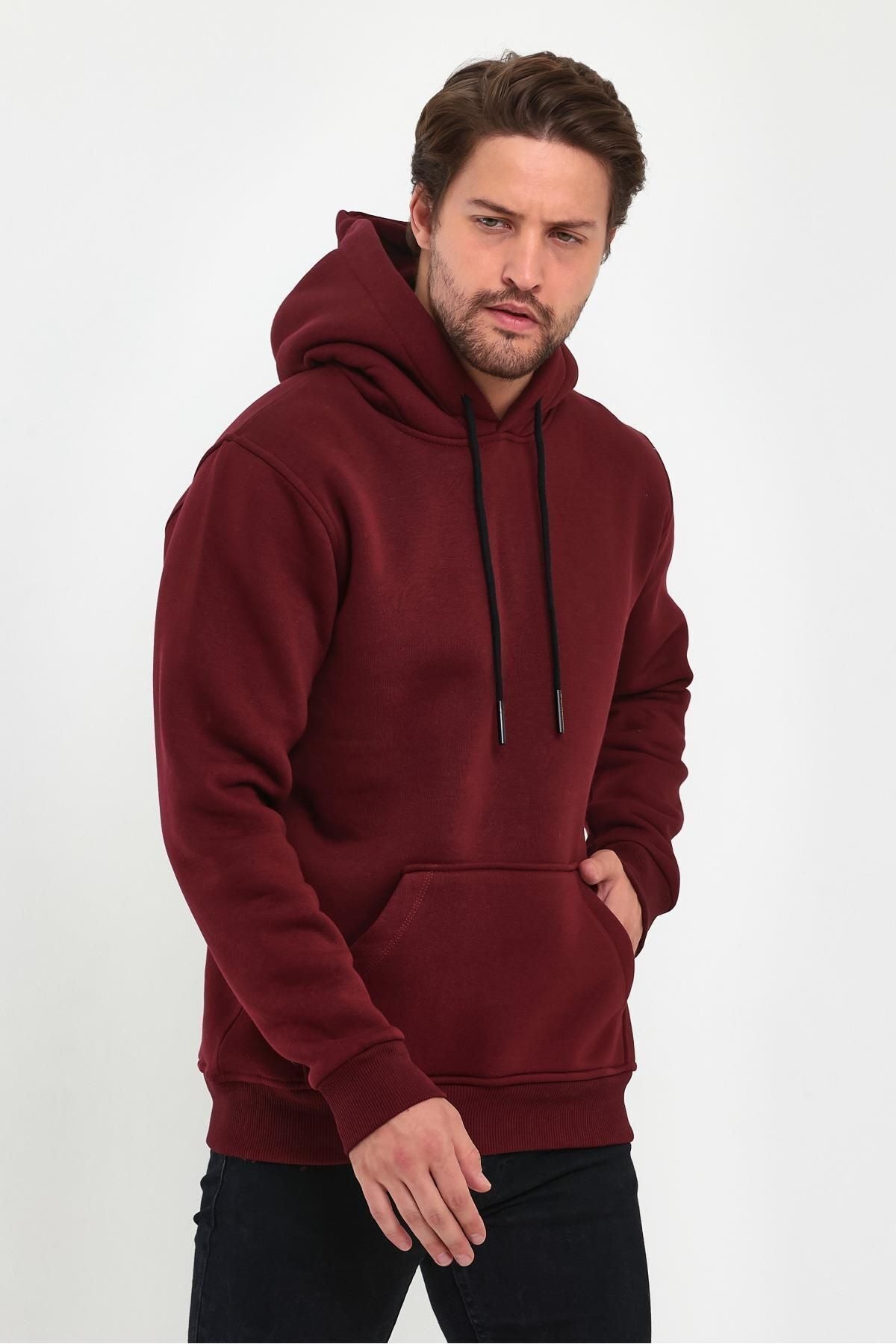 Erkek Kapşonlu Kanguru Cepli̇ 3 İ̇pli̇k Kalin Sweatshi̇rt - Bordo - 3